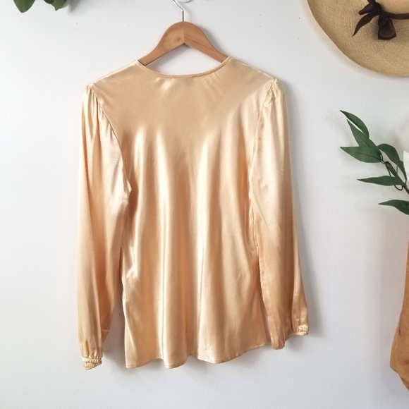Harlow Top M L Gold Y2K 90s Satin V Neck Gathered Long Sleeve Pullover Blouse - Picture 6 of 10